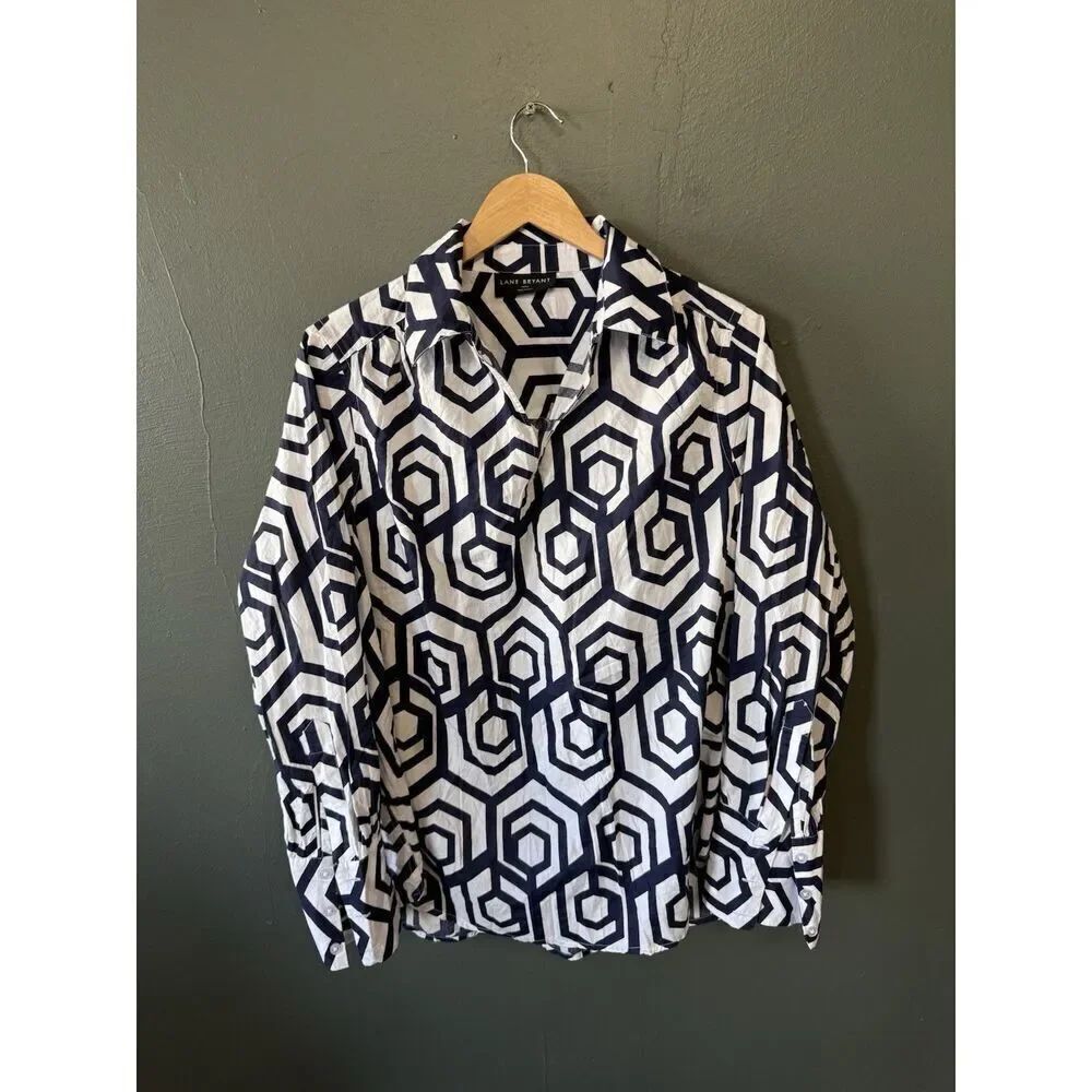 Lane Bryant Womens White Geometric Long Sleee Blouse Plus Size 14/16
